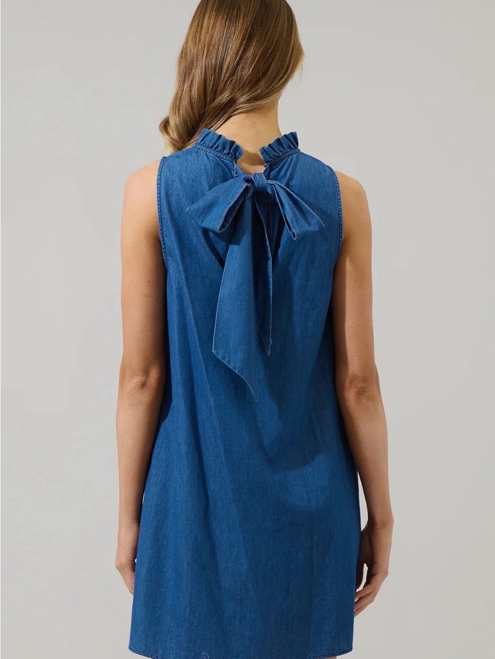 Sugarlips Chambray Benson Trapeze Mini Tie-Back Dress with Ruffle Neck XS